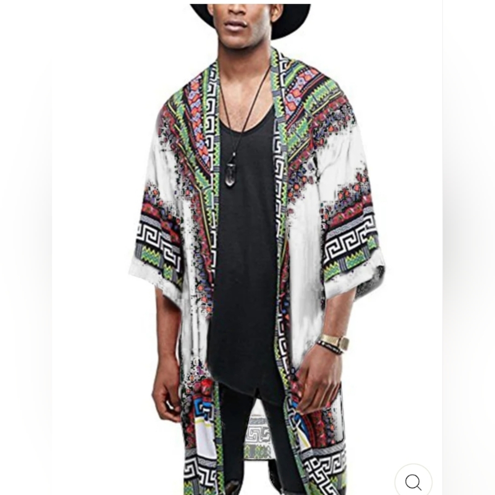 African Dashiki for Men Long Kimono Cardigan Casual Shawl Cape Lightweight Summe
